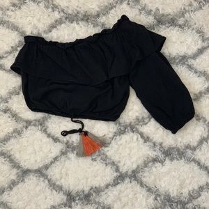 Women Boho Off the Shoulder Crop Top Small Black